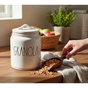 Rae Dunn GRANOLA White w/Brown Bottom Canisters Farmhouse Kitchen Pantry